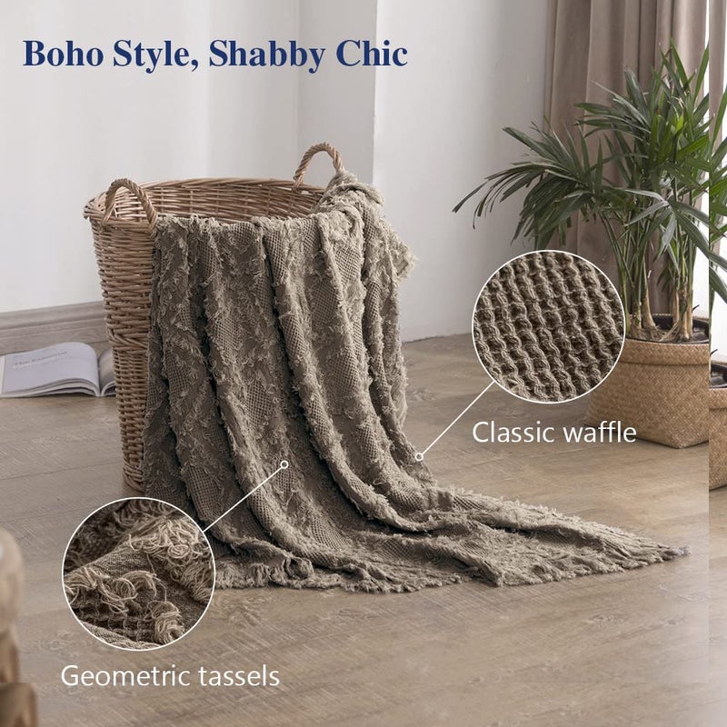 Simple&Opulence 100% Cotton Throw Blanket for Bed, Couch, Boho Textured Geometric Knit Woven Blanket with Tassels Soft, Lightweight Breathable Shabby Chic Farmhouse Decoration for All-Season(Brown) - Image 3